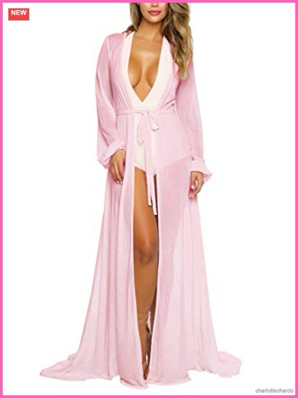Women's Long Sleeve Flowy Maxi Swimsuit Cover Up Tie Front Robe Sheer Beach